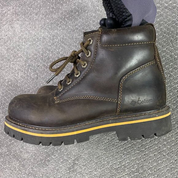 Columbia Hard Rock Mid Leather Boots Men's 9 Brown Hiking Work Lace Up Chunky - Picture 1 of 16